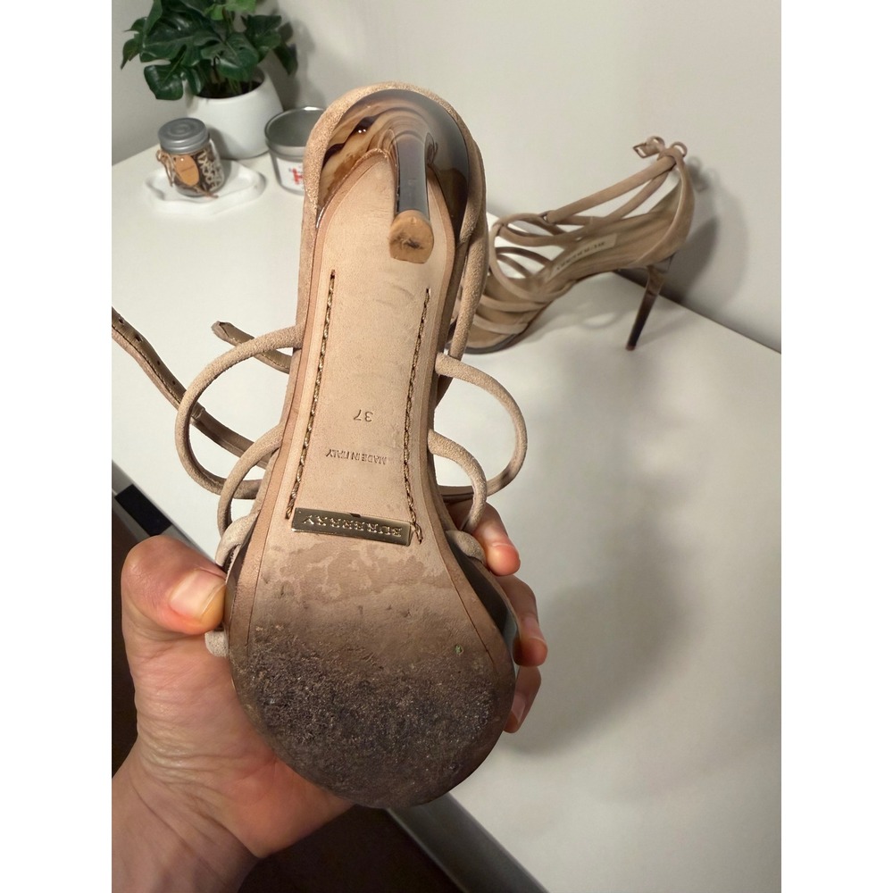 Burberry Tan Suede Strappy Stiletto Heels Caged Sandals Tortoise Heel 37 Box - Picture 3 of 7